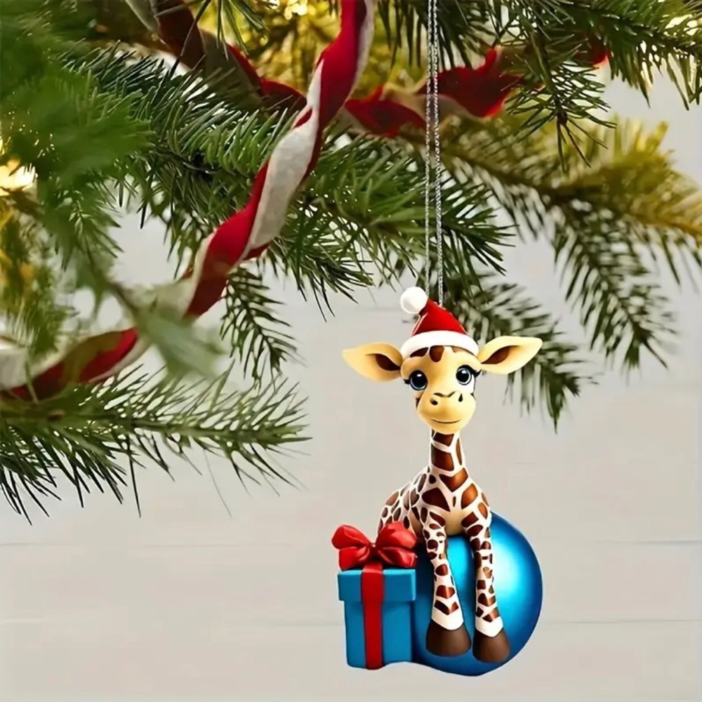 Santa Hat 🦒 Giraffe w Present Shaped 2D Acrylic Ornament Pendant